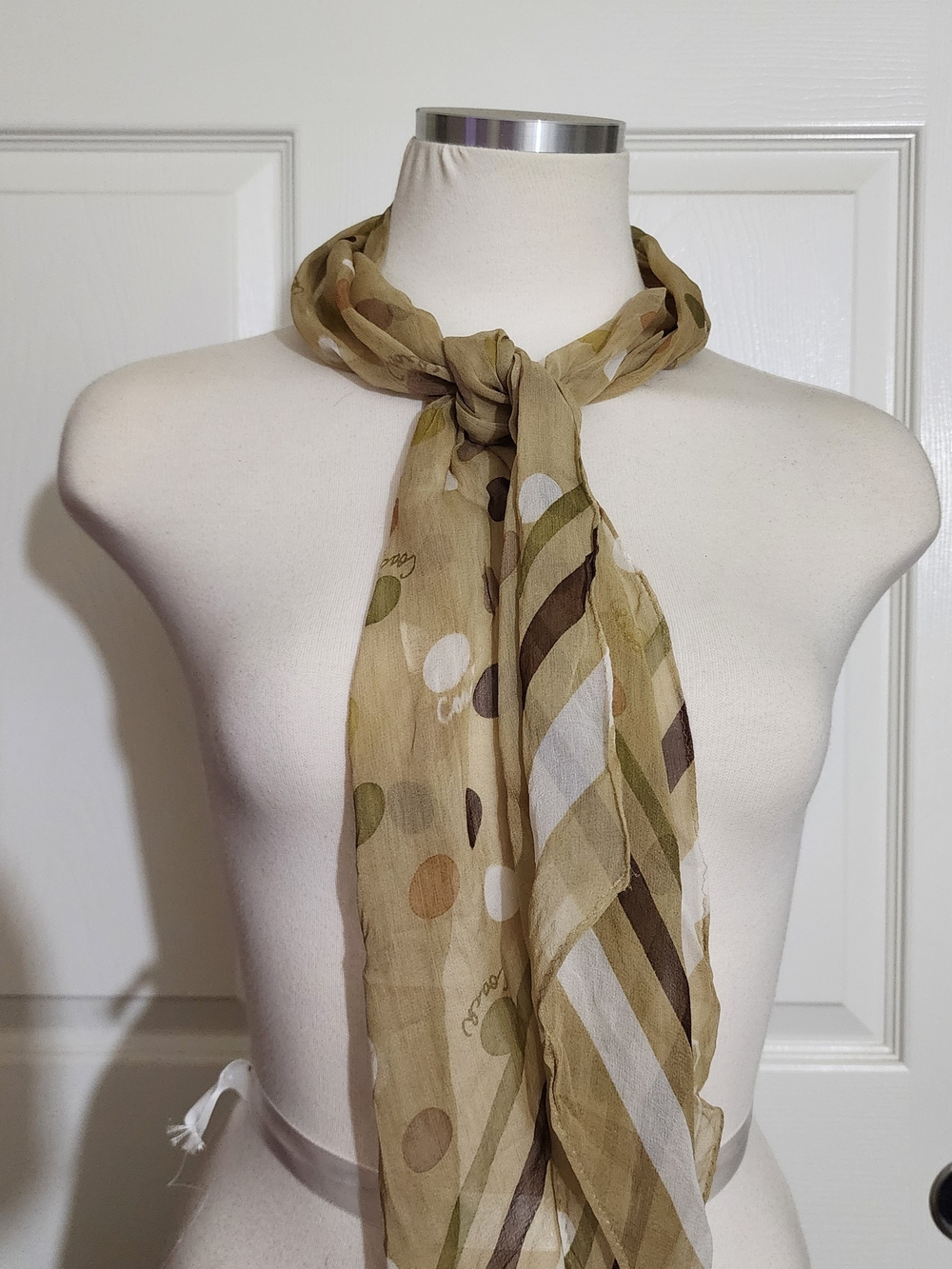 COACH VINTAGE 100% SILK SCARF - BROWN DOTS AND STRIPES -